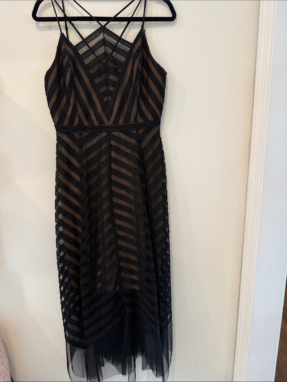 BCBG MAXAZRIA Black Striped Mesh Midi Dress with Crisscross Straps